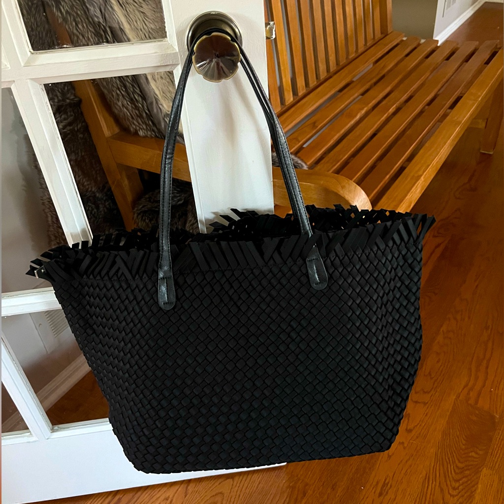 Handwoven Neoprene Black Travel Tote With Fringe Detail